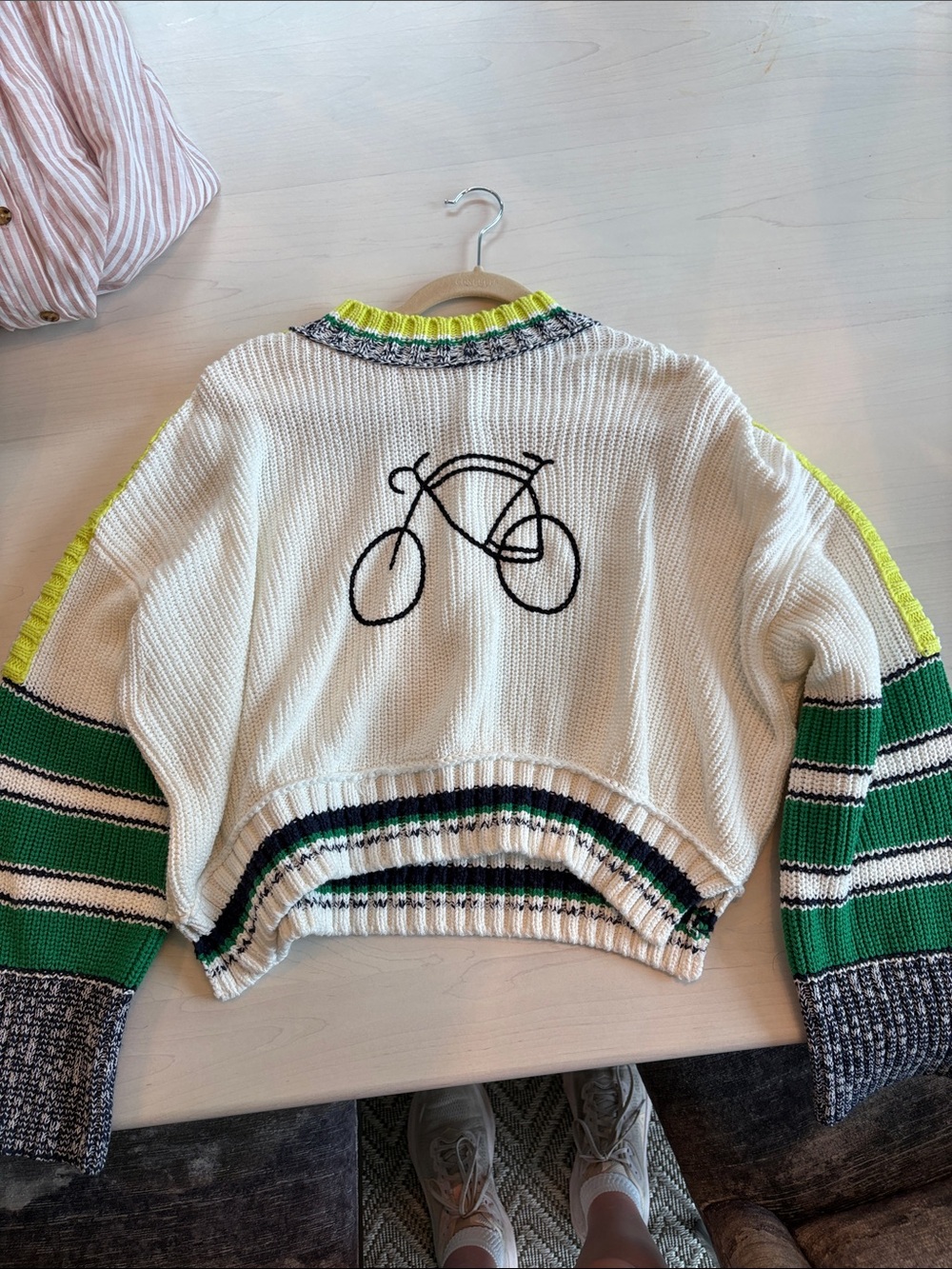 Women’s Cream Bicycle-Back Knit Sweater with Green Stripe Detail